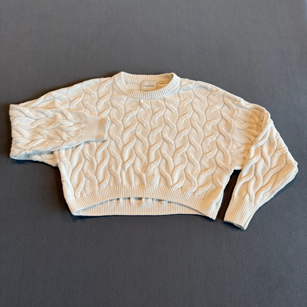Pink Rose Women's M Ivory Cable Knit Cropped Crewneck Sweater